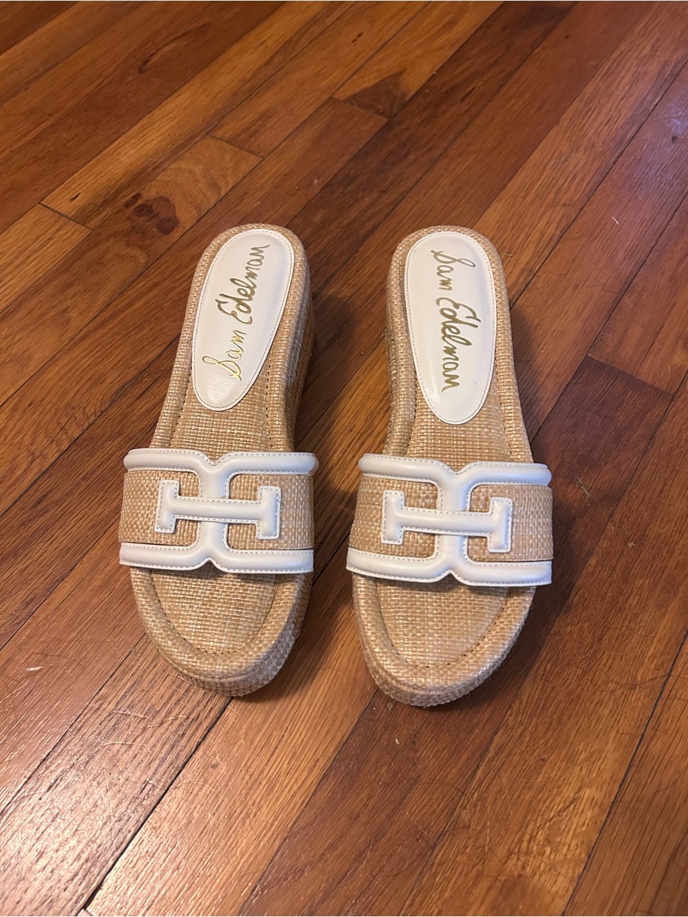 Sam Edelman Pauleena Raffia Double E Logo Platform Wedge Slide Sandals